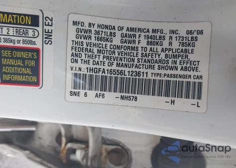 2006 Honda Civic Lx from USA, damaged, VIN 1HGFA16556L123611